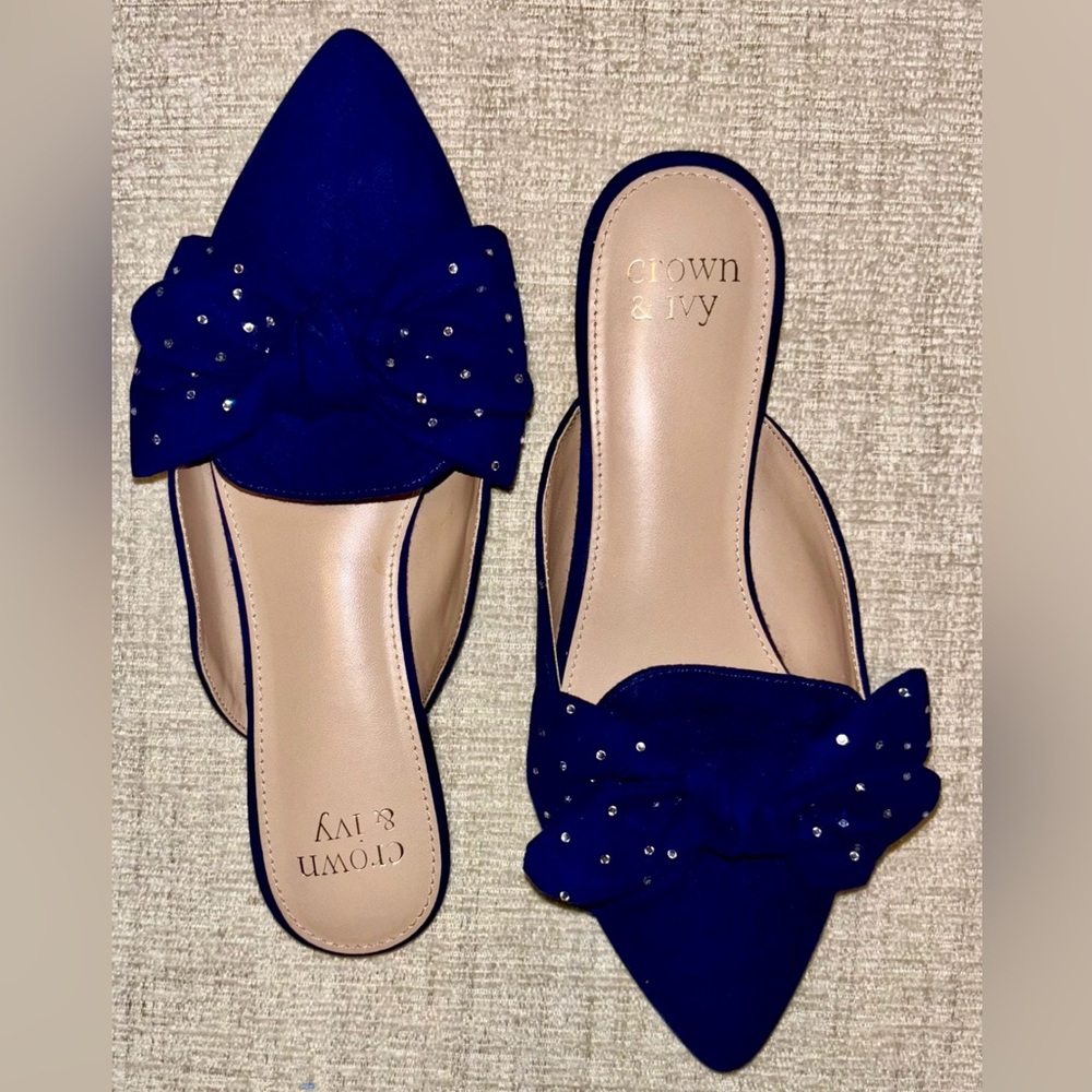 Crown & Ivy 7.5 Blue Bow Pointed Toe Mule Flats Studded Teacher Office Work Shoe - Picture 3 of 6